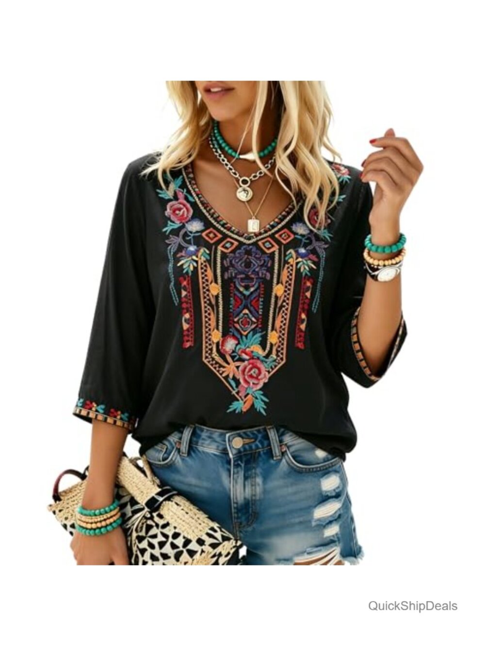 Embroidered Mexican Peasant Top 3/4 Sleeve Boho Tunic Blouse